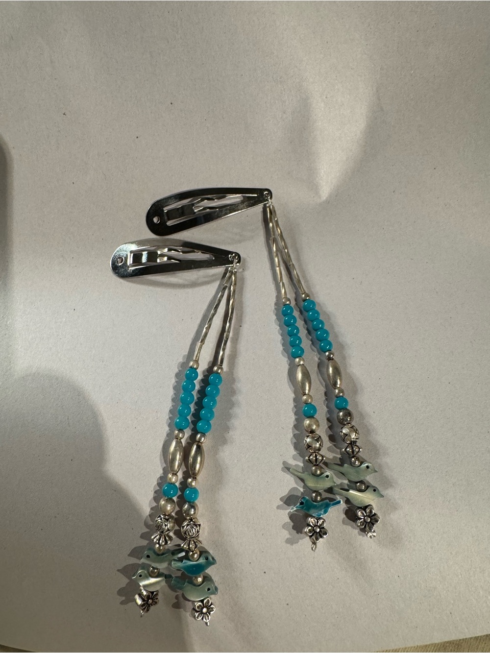 Vintage Hair Clip Set Carved Blue Birds Mother of Pearl Dangles Southwestern 6.5